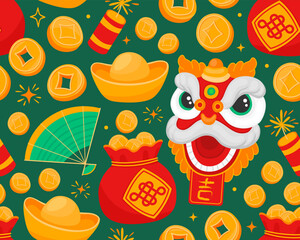Seamless pattern with symbols of Chinese New Year, Tet, Lunar New Year. Tangerines, coins, gold, unicorn mask, fan, flowers. Symbols of wealth, prosperity, luck on green background.