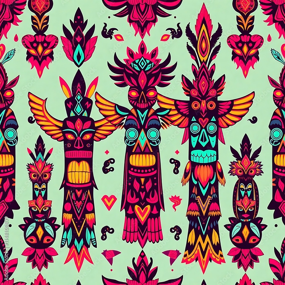 Poster tribal totem pattern: a vibrant and intricate pattern featuring colorful totem poles with intricate 