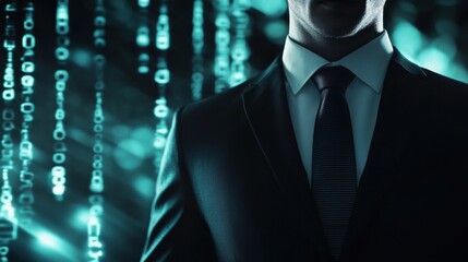 business, people, cyberspace and future technology concept - close up of businessman in suit working with virtual charts over dark background