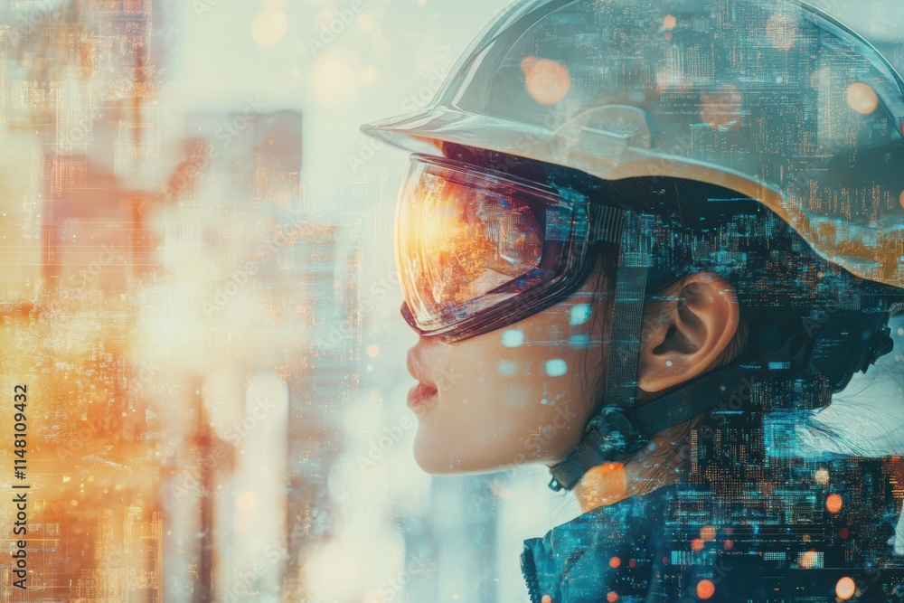Aufkleber profile view of a person in safety helmet and goggles against abstract city background with copy spa
