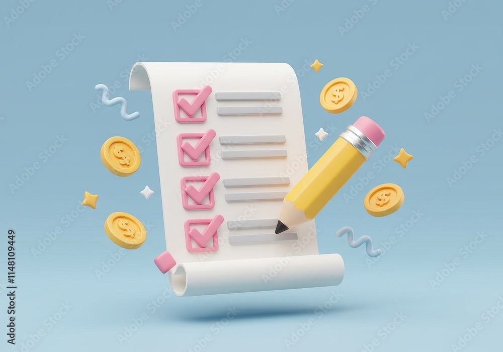 Poster 3d scroll-style checklist and a yellow pencil with a pink eraser pointing towards the list