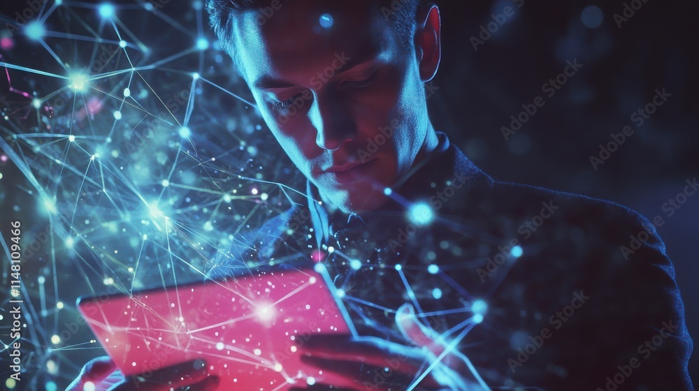 Aufkleber businessman hands holding tablet with abstract glowing polygonal connections interface on dark backg