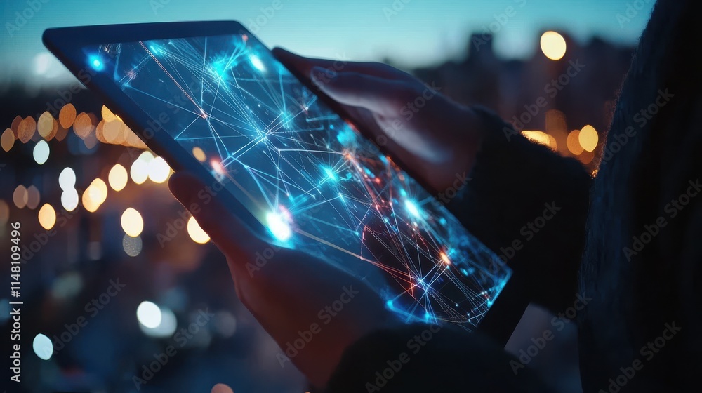 Aufkleber businessman hands holding tablet with abstract glowing polygonal connections interface on dark backg