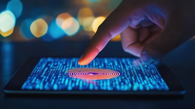 businessman hand pointing at tablet with abstract glowing id fingerprint web protection and security interface on blurry blue bokeh city background. Identification, cybersecurity and priva