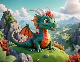 Cute Cartoon Dragon on a Mountaintop with a Castle in the Background, Generative AI