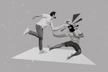 Creative collage picture of two black white colors guys fighting jumping isolated on painted...