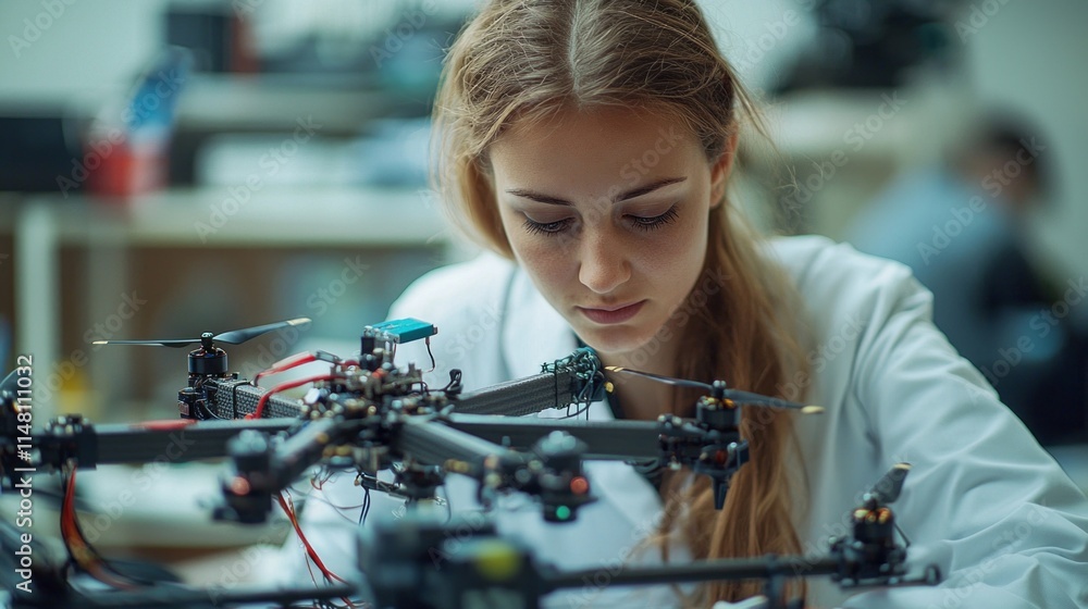 Aufkleber focused on her task, a scientist in a lab coat meticulously works on a sophisticated drone, adjustin