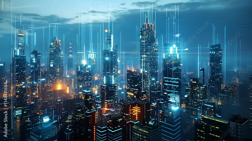 Poster a futuristic cityscape with buildings made of virtual particles creating a surreal and everchanging 