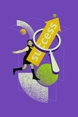 Vertical sketch 3d artwork collage poster of happy small schoolgirl run magnifier loupe enlarger success education development aim