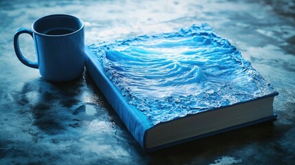 A captivating story with numerous words unfolds within a standout blue cover. This blue-covered book rests on a table alongside a cup, inviting exploration and discovery of new places.
