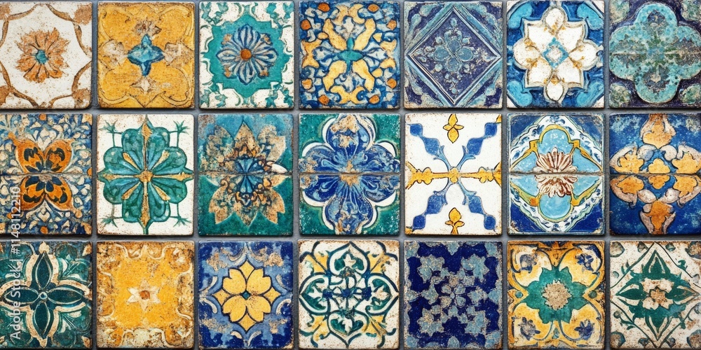 Aufkleber a tile mosaic with many different colored tiles. some of the tiles are blue and yellow. the tiles ar