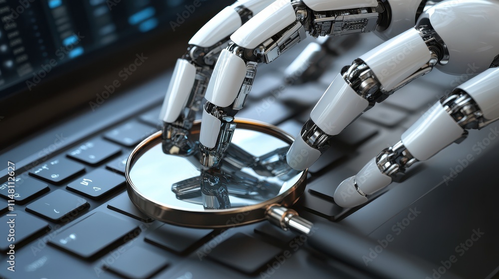 Poster developers, robot work at laptop with magnifier. industrial cybersecurity, industrial robotics malwa