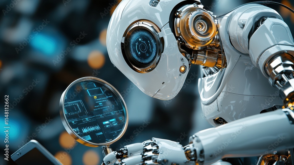 Poster developers, robot work at laptop with magnifier. industrial cybersecurity, industrial robotics malwa
