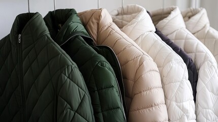 Fototapeta premium Stylish Quilted Jackets in Various Colors Hang on a Rack