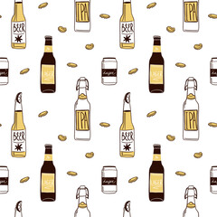 Beer seamless pattern. Bottle, glass and can. Alcohol beverages, ale, lager and ipa, craft brewery. Oktoberfest pub bar drinks. Decor textile, wrapping, wallpaper. Print for fabric. Vector background