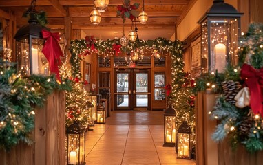 A warm reception area with a rustic holiday theme and glowing lanterns