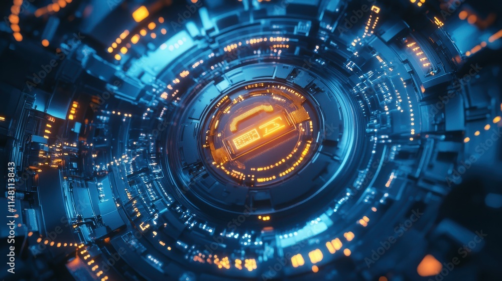Aufkleber glowing lock interface on blue background. digital security and protection concept. 3d rendering