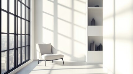 Fototapeta premium Minimalist modern reading nook with clean, cozy design. Featuring neutral tones and sleek lines
