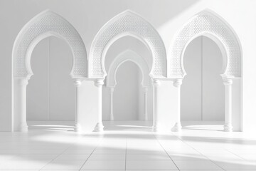 The room is a large, open space with white arches and pillars. The arches are tall and narrow, while the pillars are short and wide