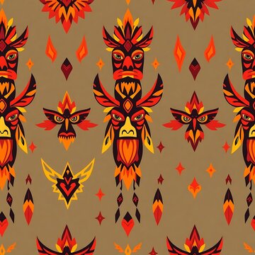 Fiery Totem Pattern: Native American inspired seamless pattern design. Bold, stylized totem poles and birds in fiery orange and red hues against a muted brown background. Perfect for textile prints.