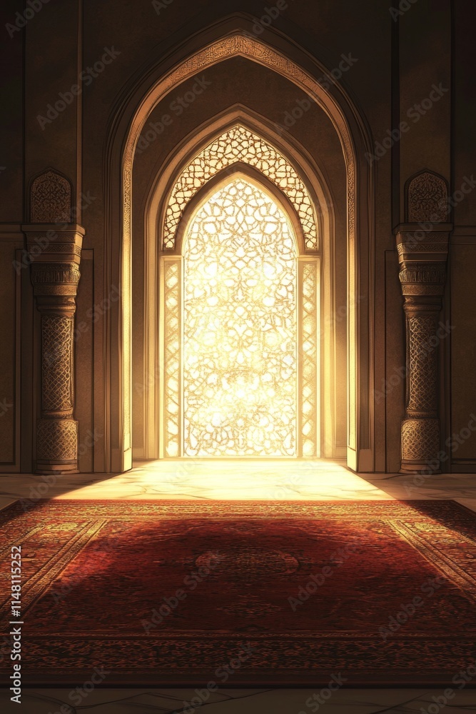 Aufkleber a large archway with a window in the middle. the window is lit up by the sun