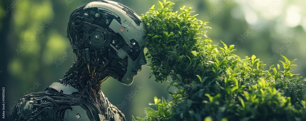 Poster technologically advanced humanoids blending with nature, symbolizing the fusion of technology with o