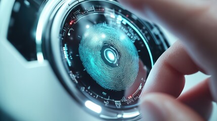 Macro biometrical scanner processing finger print identifying user access. Futuristic high-tech protection interface analysing fingerprint verifying personal login. Modern security digital concept.