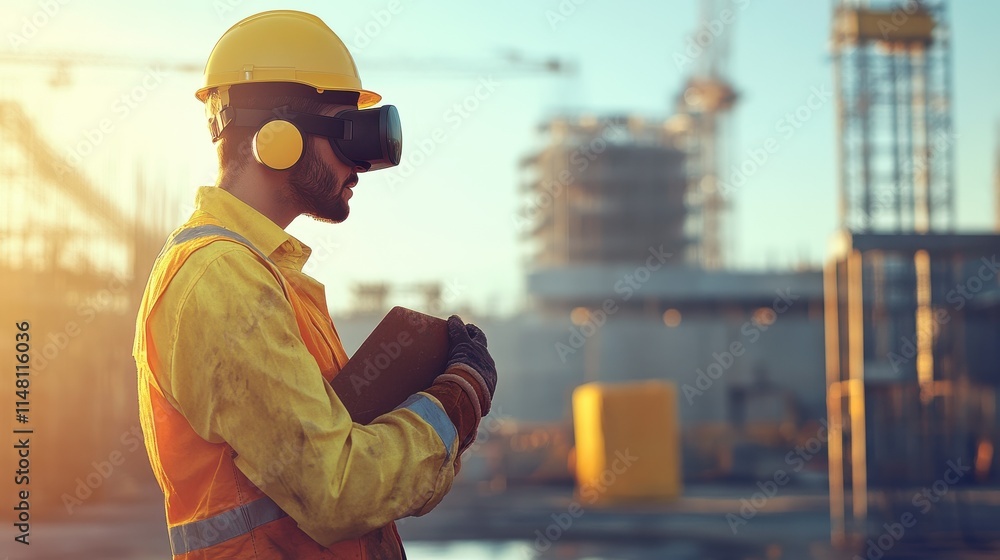 Poster man engineer using vr goggles on construction site.