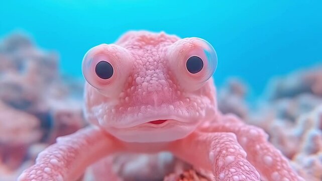 Close-up of surprised and speak pink frogfish underwater in coral reef habitat.