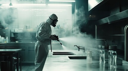 Professional in Hazmat Suit Spraying Disinfectant in Kitchen