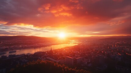 Fototapeta premium Oslo, Norway. City view during sunset. Back light. The central part of the city, From Drone.