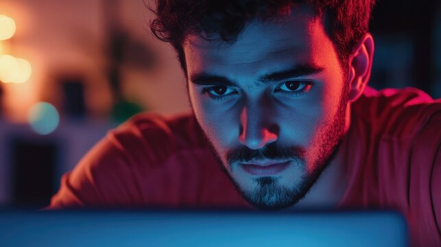 Over shoulder closeup view man IT coder programmer software engineer use laptop computer typing code develop program programming java language application on screen web system app development concept