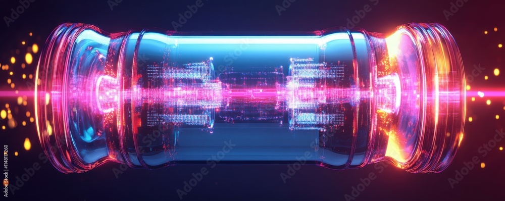 Poster ai technology and industrial work concept. future-looking quantum computer core with glowing qubits 