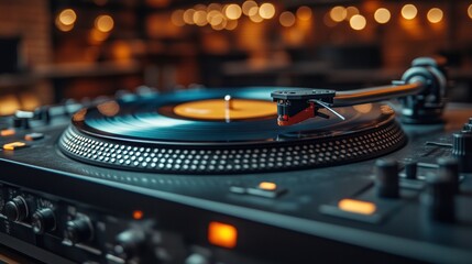 Close-up of turntable playing vinyl record in a dimly lit bar.