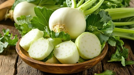 Fresh White Turnips and Green Leaves on Rustic Wooden Table