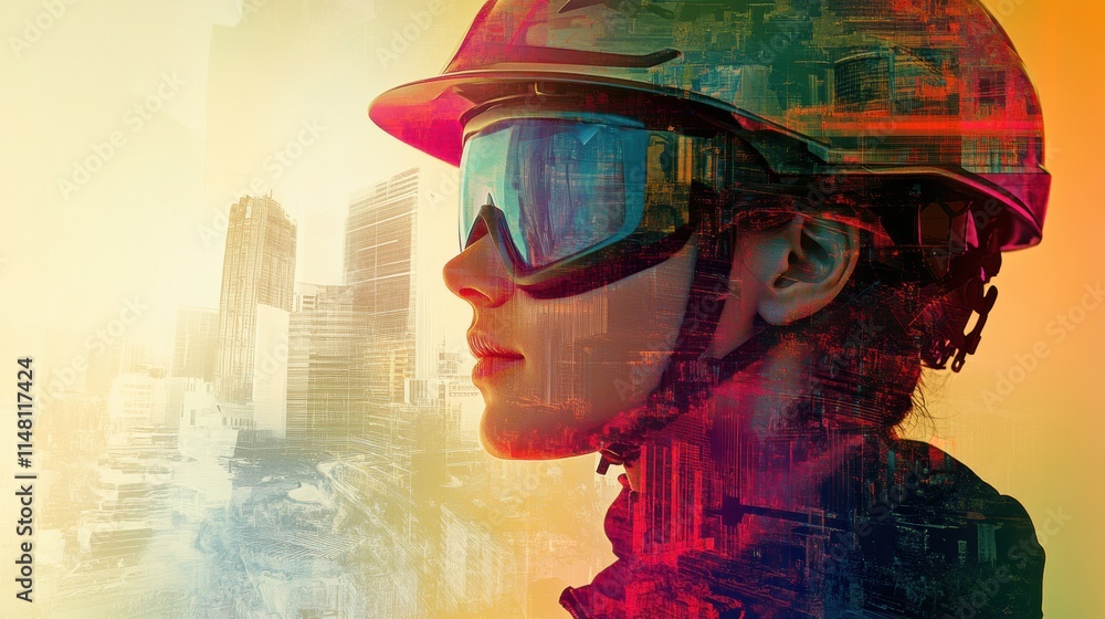 Leinwandbilder Profile of a worker with safety helmet and goggles in an abstract city environment showcasing a blend of construction and technology. Generative AI