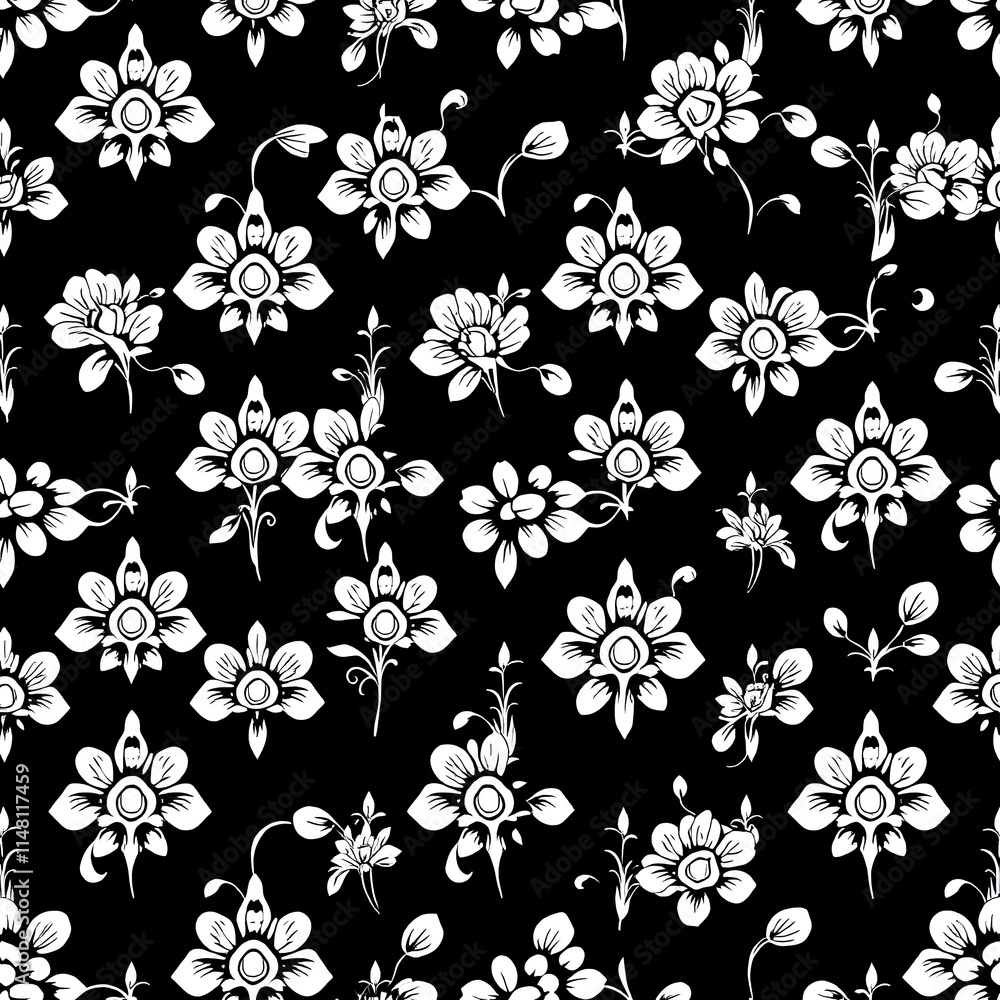 Poster black and white floral pattern: a minimalist and elegant seamless pattern featuring delicate white f