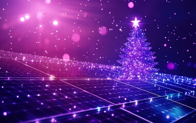 Solar panels with a sparkling holiday tree in front, set against a deep purple background with glowing accents