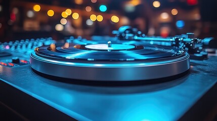 Close-up of turntable playing vinyl record in a nightclub.