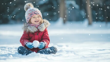 Joyful Child Playing in Snowy Winter Wonderland with Snowball