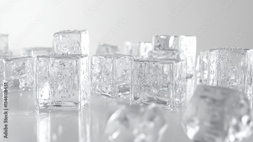 Poster clear ice cubes on a reflective surface with bubbles and texture
