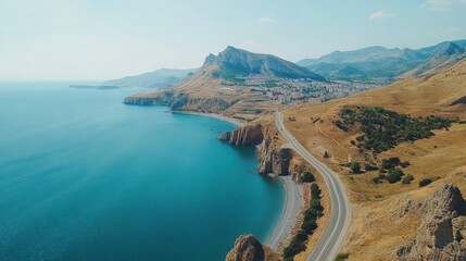 Obraz premium Sudak, Crimea. Embankment of Sudak. Black sea coast with beaches, Aerial View.