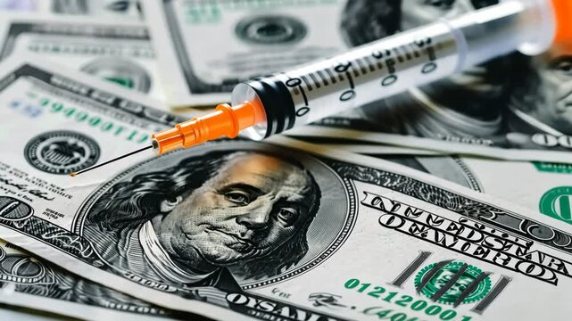 syringe and banknotes as a symbol of addiction
