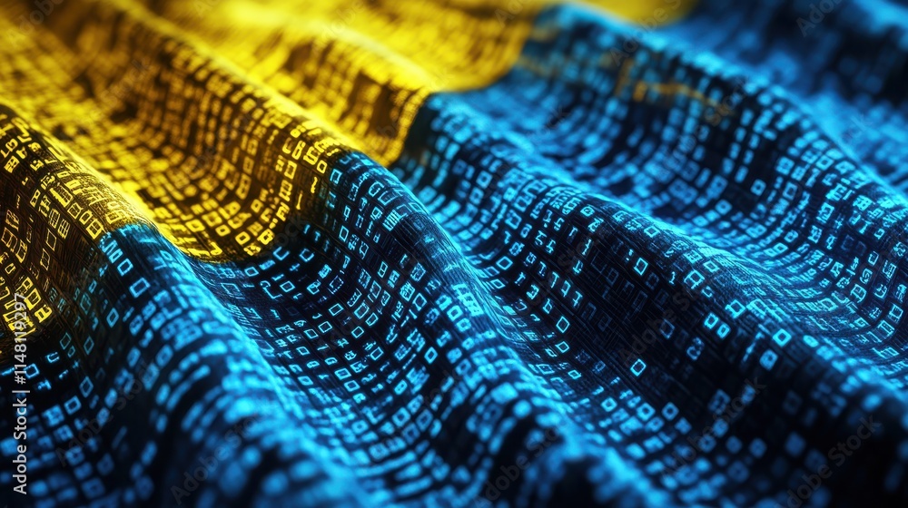 Poster technology, cyberspace and information concept - binary code pattern in colors of flag of ukraine