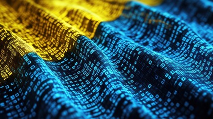 technology, cyberspace and information concept - binary code pattern in colors of flag of ukraine