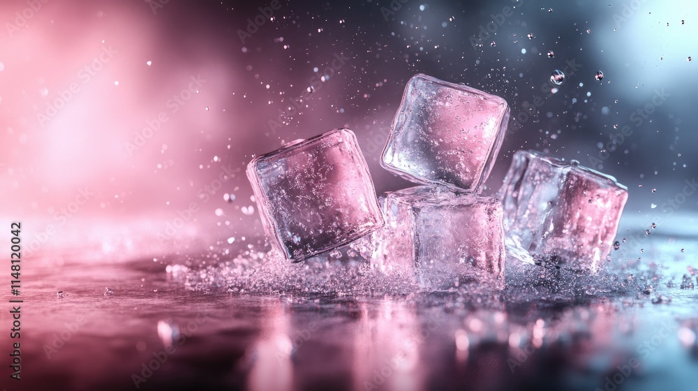 Poster ice cubes on wet surface with colorful light reflections and splashes