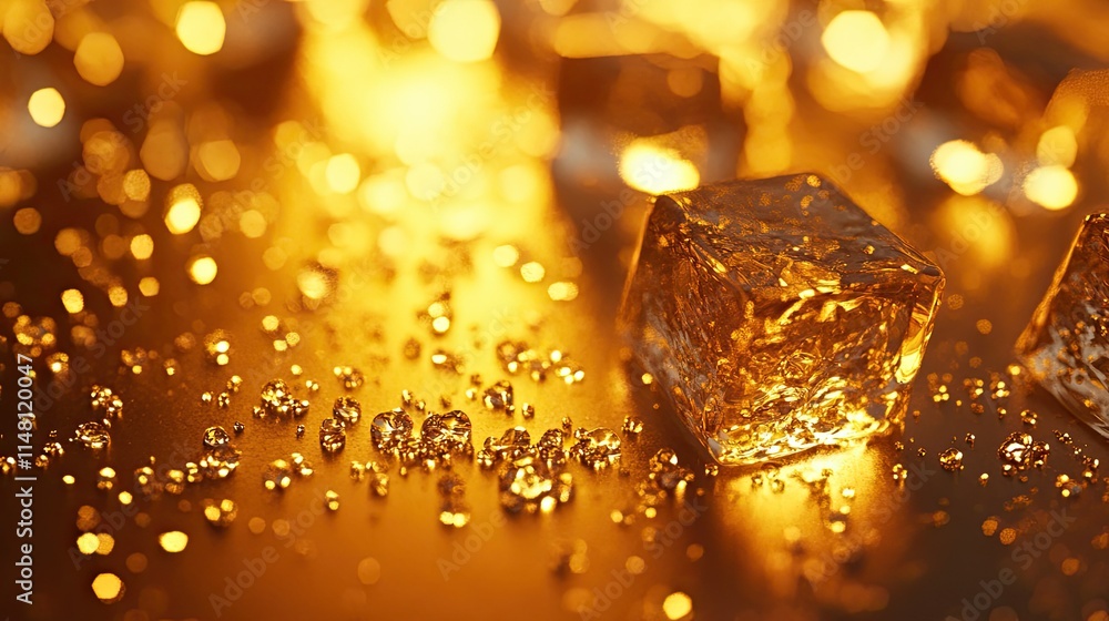 Poster glimmering ice cubes on golden background with sparkling effect