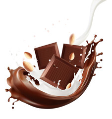 pieces chocolate and Almond nut. Milk Splashing  chocolate Mesh gradient wes used,Splash