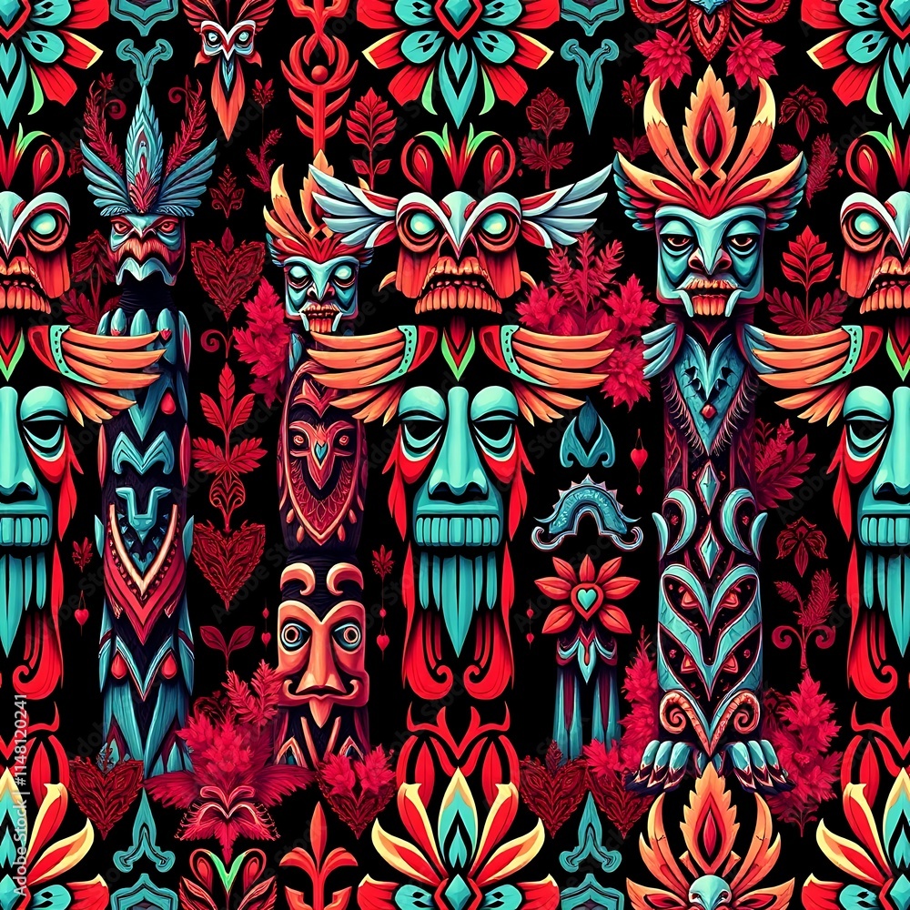 Aufkleber vibrant totem pole pattern: a mesmerizing seamless pattern featuring a vibrant array of totem poles,