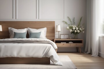 Bright and natural hotel room interior with single bed and wooden nightstand with flowers